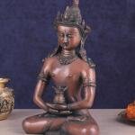 Pure Brass Meditating Buddha Statue - Antique Copper Finish, 13" Height